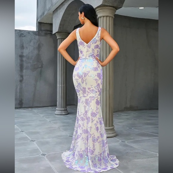 Luxe plunging V neck mermaid hem prom party sequins dress - Picture 2 of 5